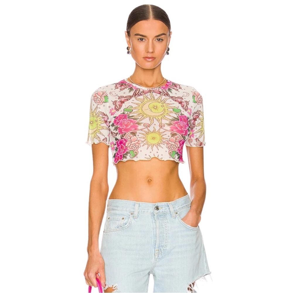 AFRM Isla Pink Tarot Mesh Cropped Baby Tee Small NWT
